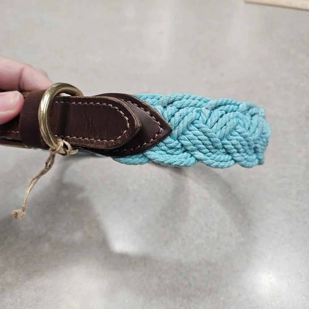 Baydog Dog Collar Large Turquoise Brown Braided Rope Leather Nautical Coastal